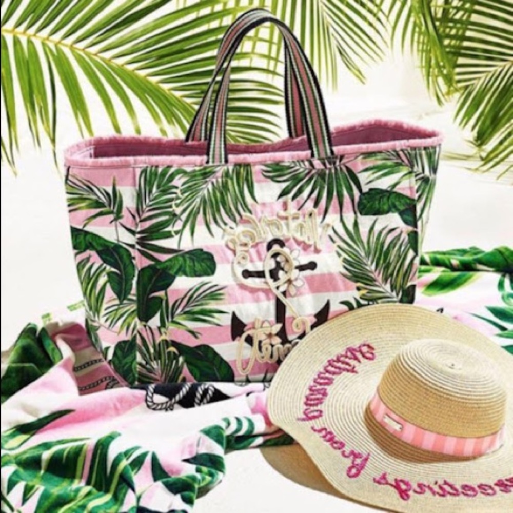 VS Nautical Tropical Island Leaf Anchor Palm Tree Pink Stripe Terry Towel - Picture 2 of 7